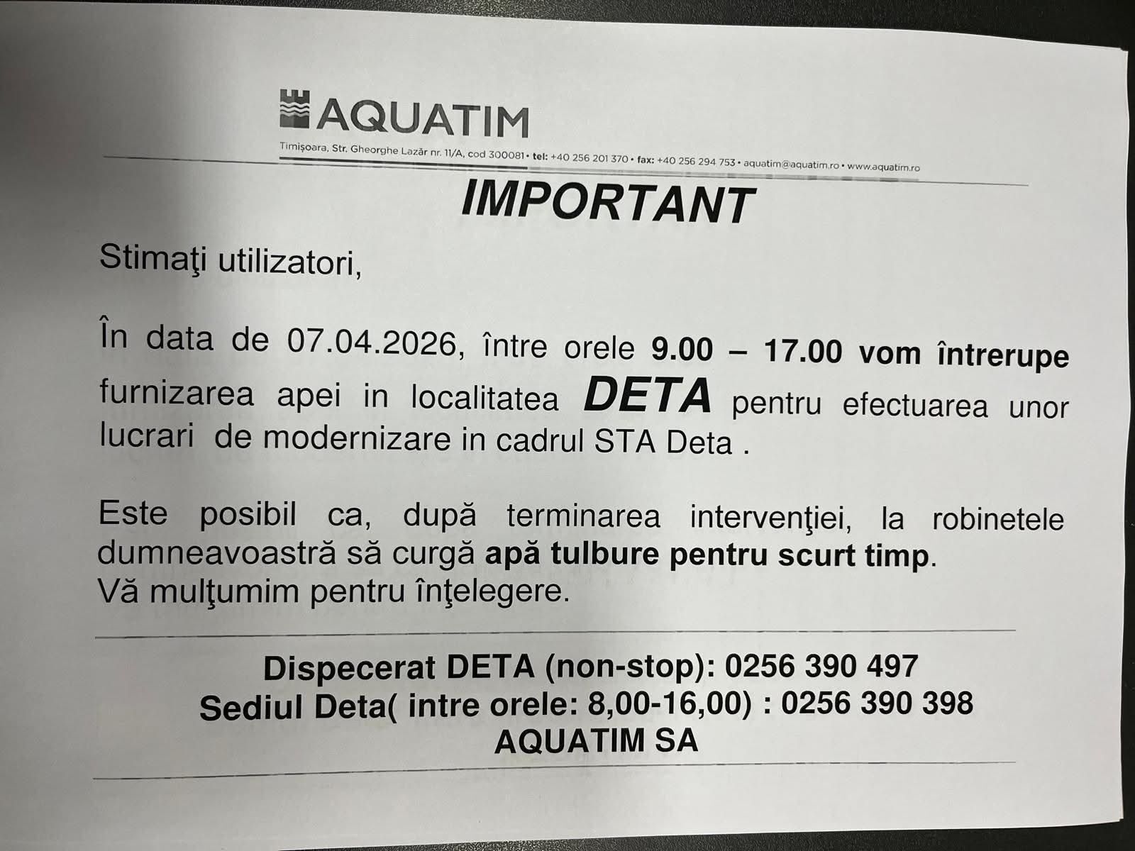 Furnizarea apei va fi întreruptă la Deta pentru lucrări de modernizare în data de 7 aprilie 2026
