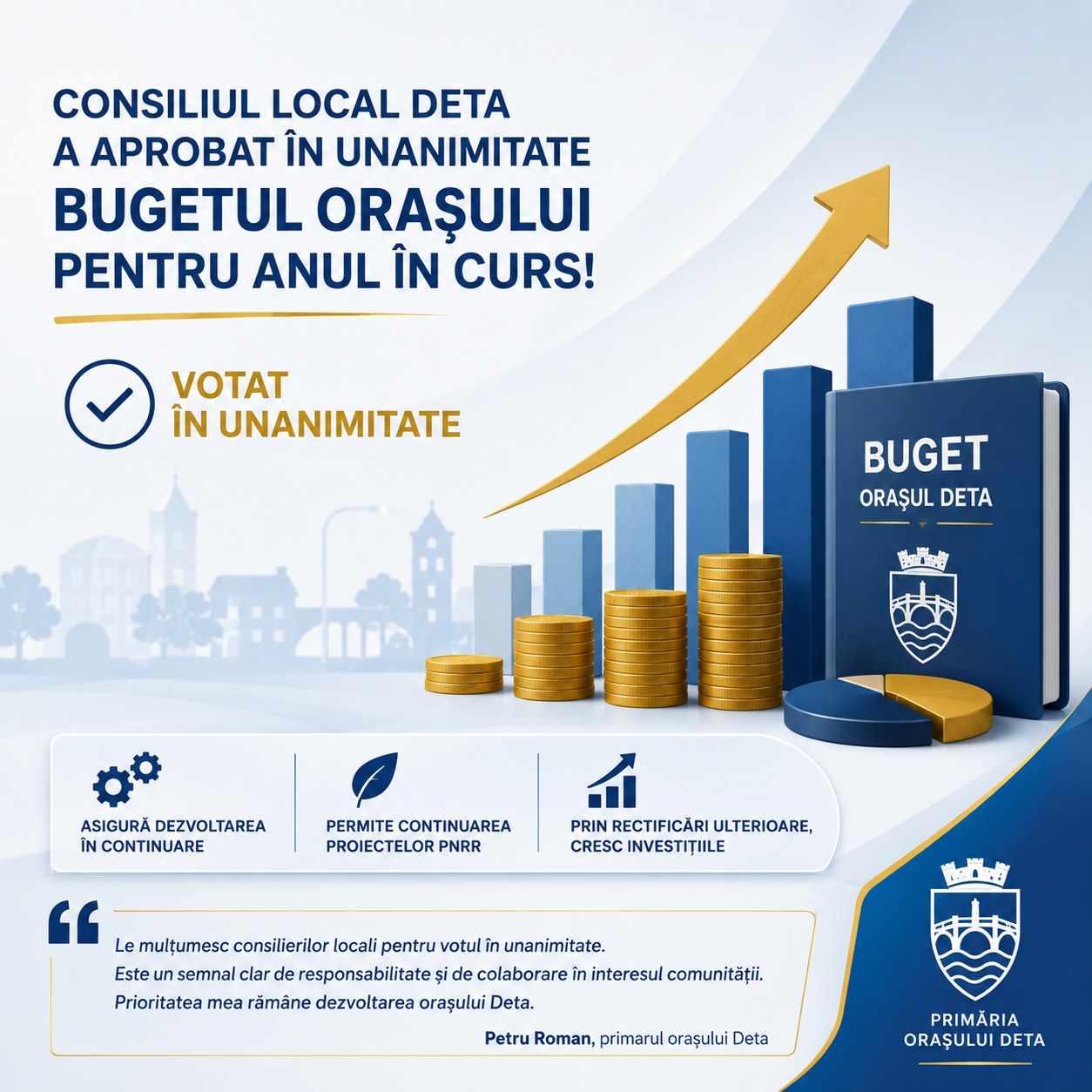 Bugetul orașului Deta, aprobat în unanimitate. Investiții în infrastructură și proiecte de dezvoltare