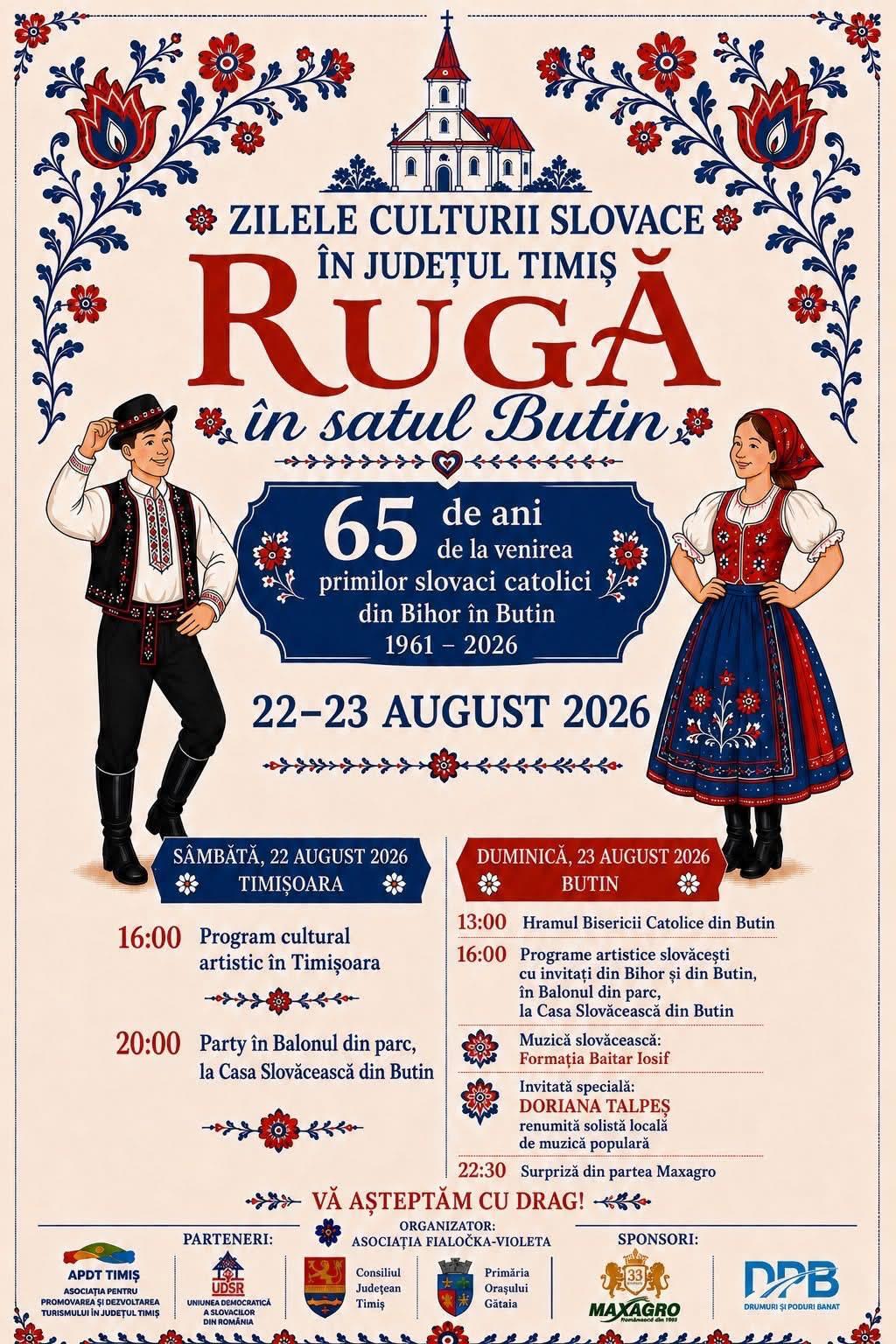 Zilele Culturii Slovace în județul Timiș: Rugă în satul Butin, pe 22-23 august 2026. Un eveniment aniversar cu 65 de ani de istorie