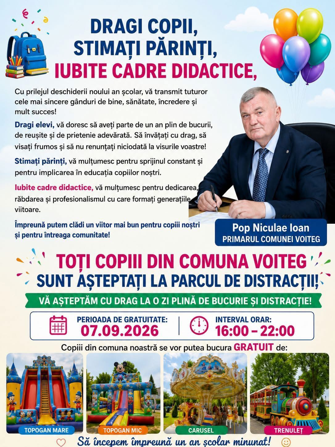 Primarul comunei Voiteg îi invită pe toți copiii la Parcul de Distracții pe 7 septembrie, cu ocazia deschiderii anului școlar. Intrare gratuită!