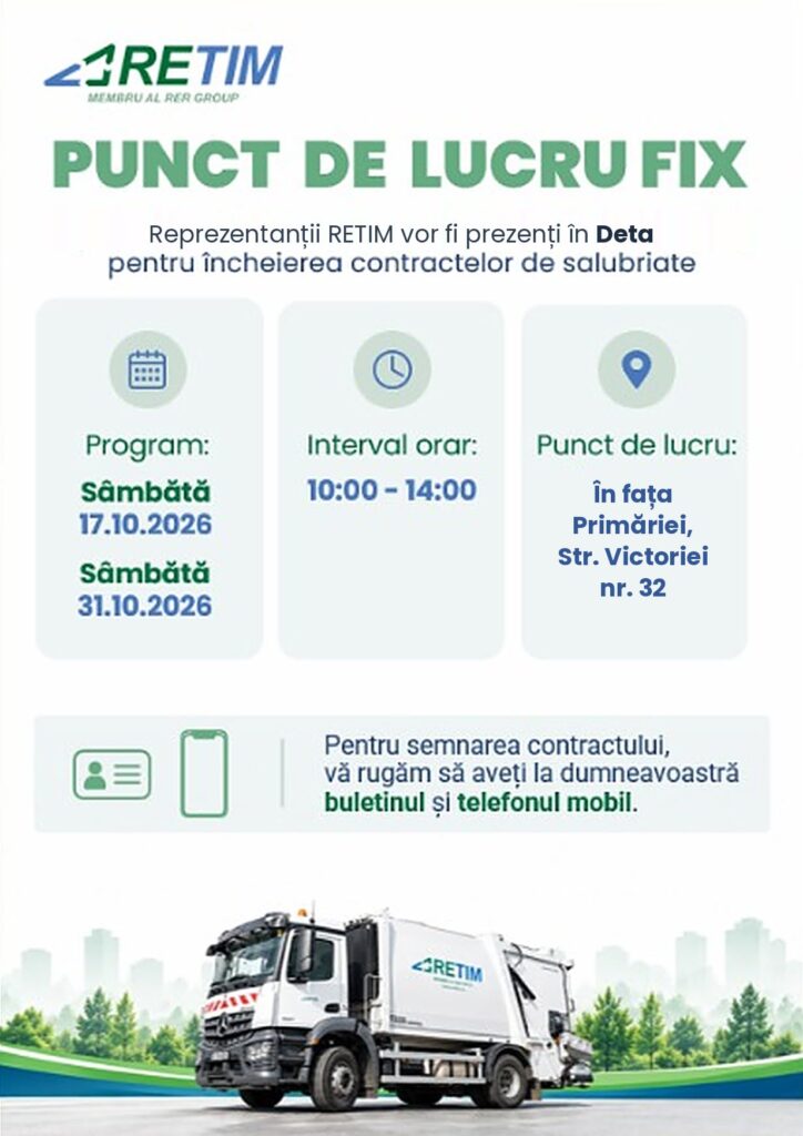 Locuitorii din Deta își pot încheia contractele de salubrizare cu RETIM direct în fața Primăriei, în două sâmbete din octombrie
