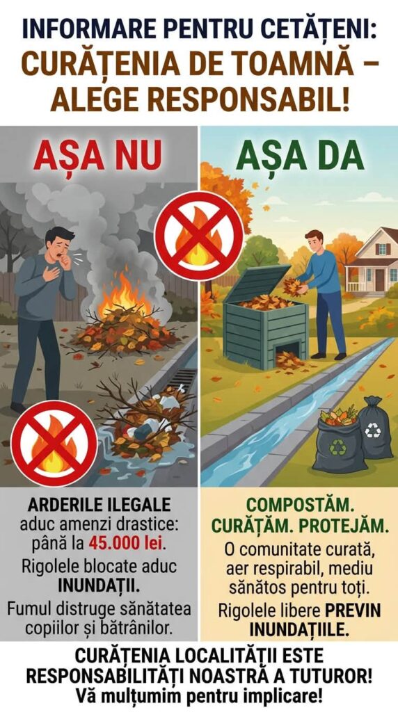 Fără focuri în curți la Jebel. Primăria le reamintește oamenilor că arderea frunzelor se amendează cu până la 45.000 de lei
